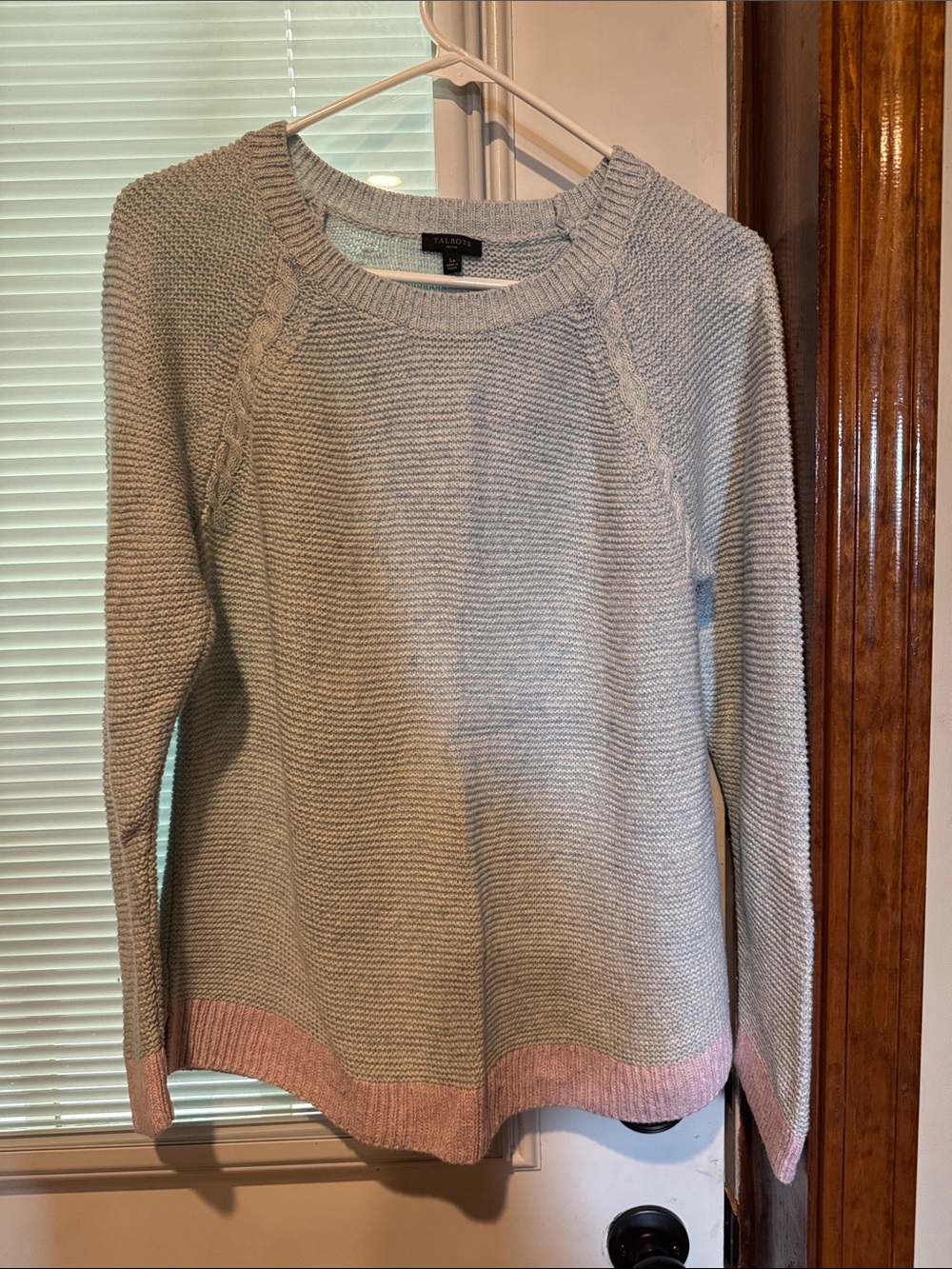 Talbots Light Blue Crewneck Sweater with Pink Hem
